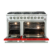 Forno Galiano 48-Inch Gas Range, 8 Sealed Brass Burners, 6.58 cu. ft. Double Oven, Red Stainless Steel, Model FFSGS6244-48RED