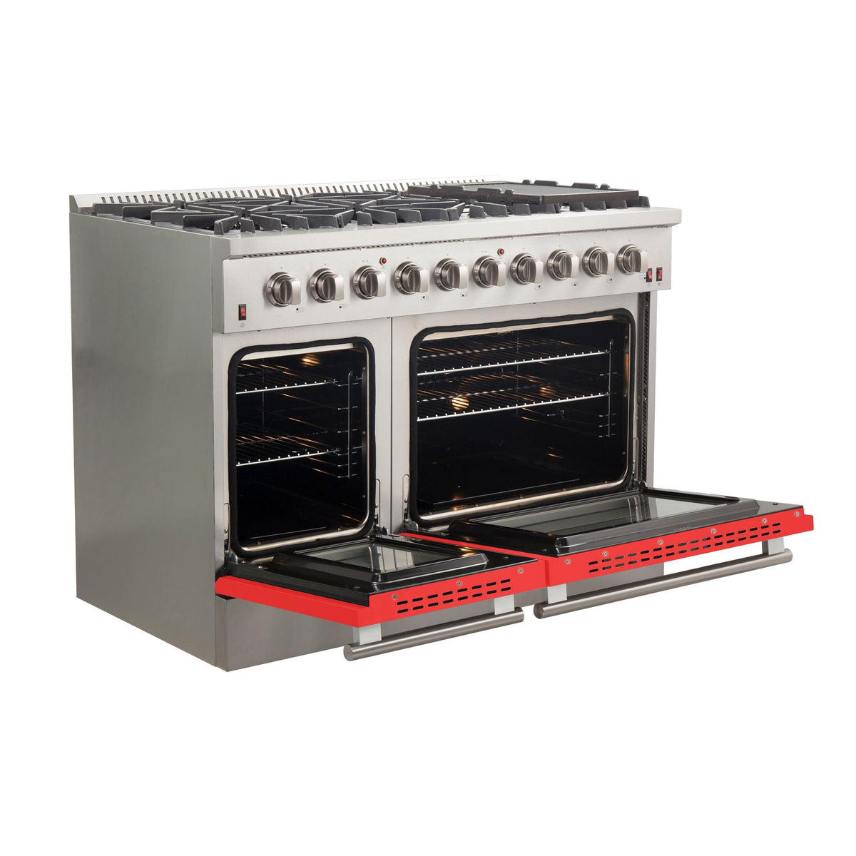 Forno Galiano 48-Inch Gas Range, 8 Sealed Brass Burners, 6.58 cu. ft. Double Oven, Red Stainless Steel, Model FFSGS6244-48RED
