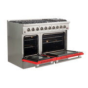 Forno Galiano 48-Inch Gas Range, 8 Sealed Brass Burners, 6.58 cu. ft. Double Oven, Red Stainless Steel, Model FFSGS6244-48RED