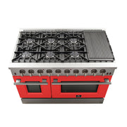 Forno Galiano 48-Inch Gas Range, 8 Sealed Brass Burners, 6.58 cu. ft. Double Oven, Red Stainless Steel, Model FFSGS6244-48RED