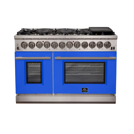 FORNO Capriasca 48-Inch Dual Fuel Range, 6.58 cu. ft., 8 Sealed Italian Brass Burners, Blue, Model FFSGS6187-48BLU