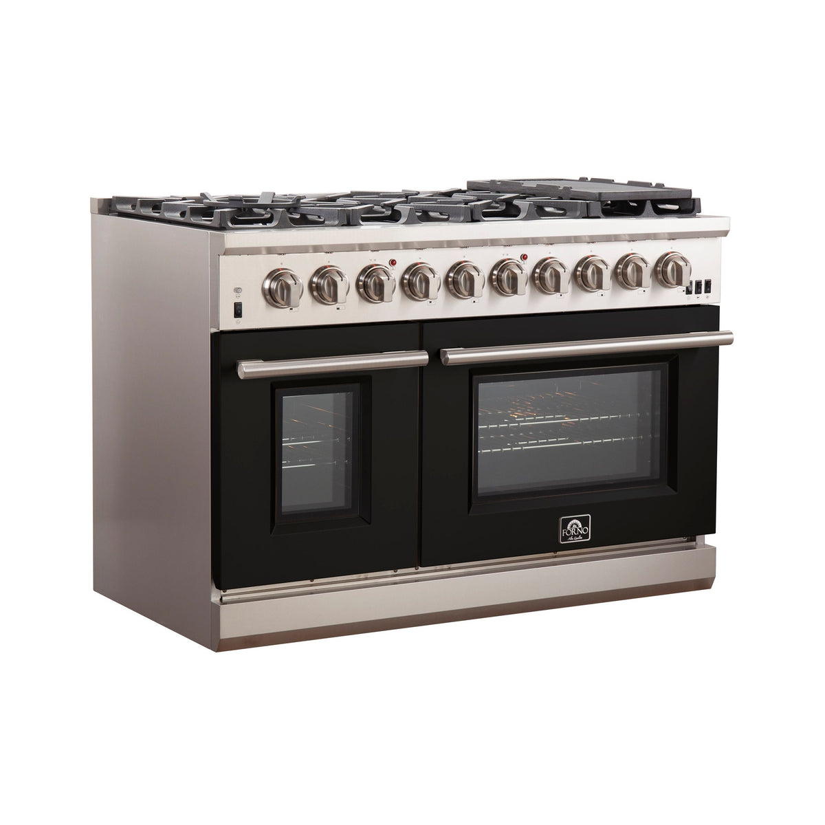 FORNO Capriasca 48-Inch Gas Range, 6.58 cu. ft., 8 Sealed Italian Brass Burners, Black, Model FFSGS6260-48BLK
