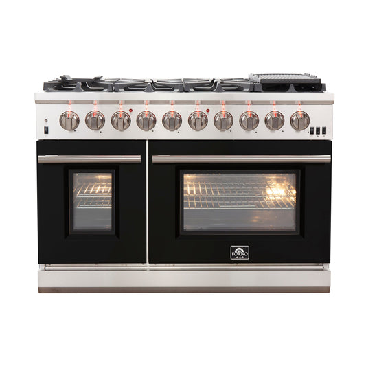 FORNO Capriasca 48-Inch Gas Range, 6.58 cu. ft., 8 Sealed Italian Brass Burners, Black, Model FFSGS6260-48BLK