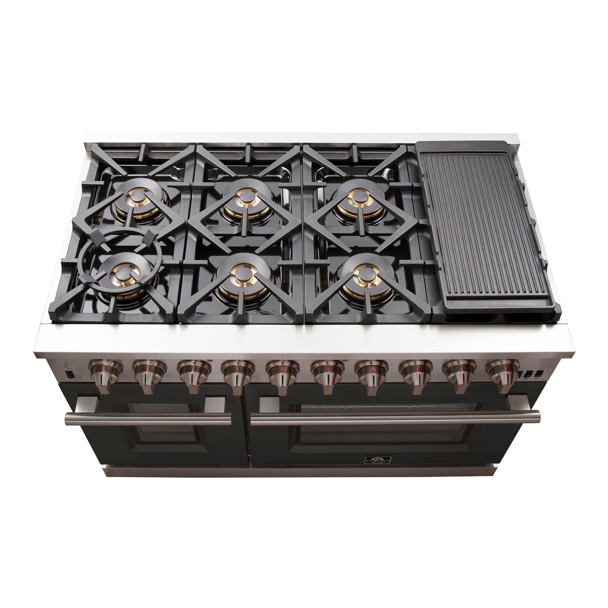 FORNO Capriasca 48-Inch Gas Range, 6.58 cu. ft., 8 Sealed Italian Brass Burners, Black, Model FFSGS6260-48BLK