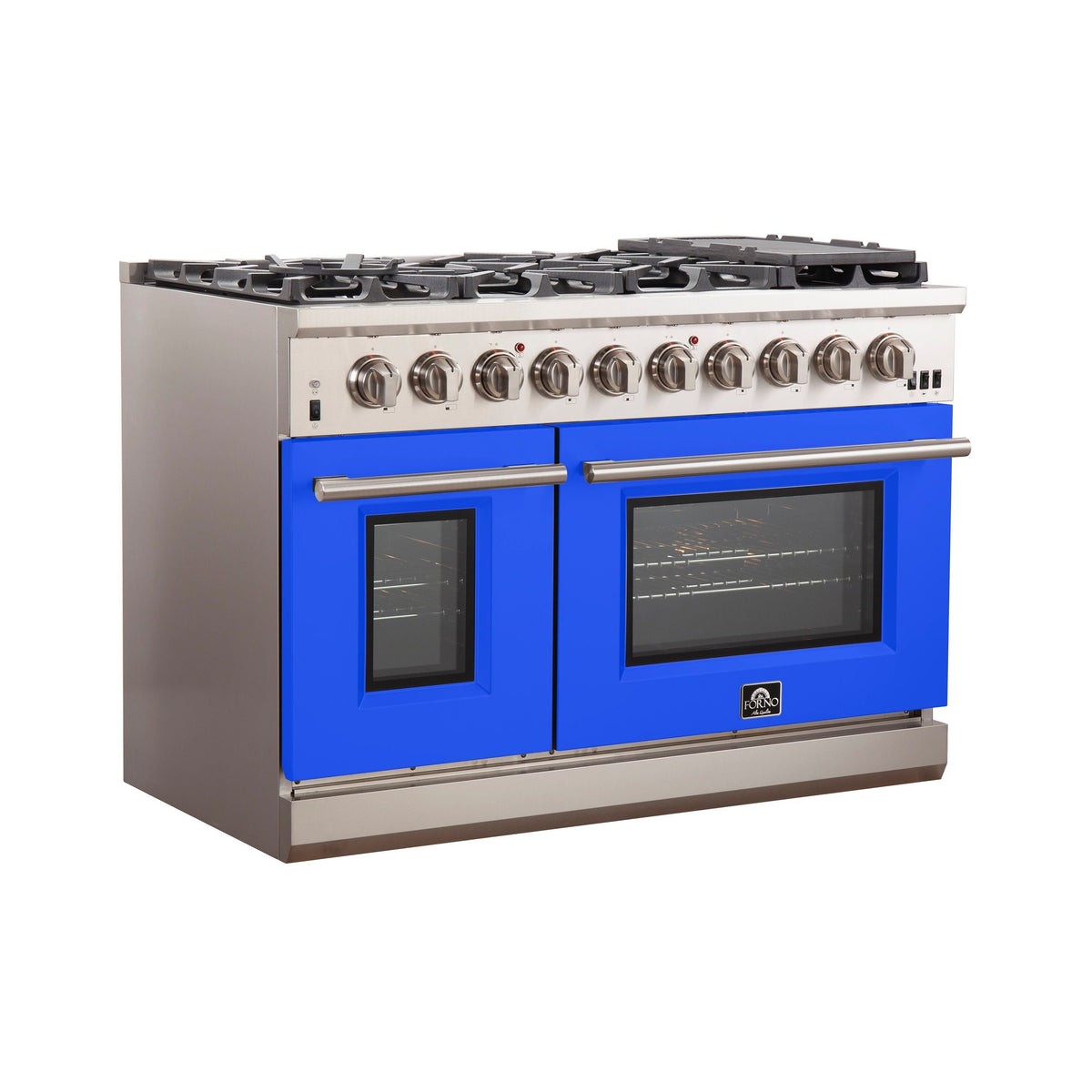 FORNO Capriasca 48-Inch Gas Range, 6.58 cu. ft. Total Oven Capacity, 8 Sealed Brass Burners, Blue Finish – Model FFSGS6260-48BLU