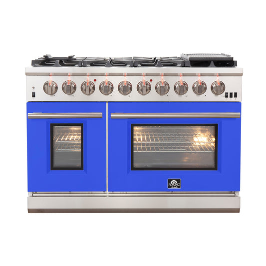 FORNO Capriasca 48-Inch Gas Range, 6.58 cu. ft. Total Oven Capacity, 8 Sealed Brass Burners, Blue Finish – Model FFSGS6260-48BLU