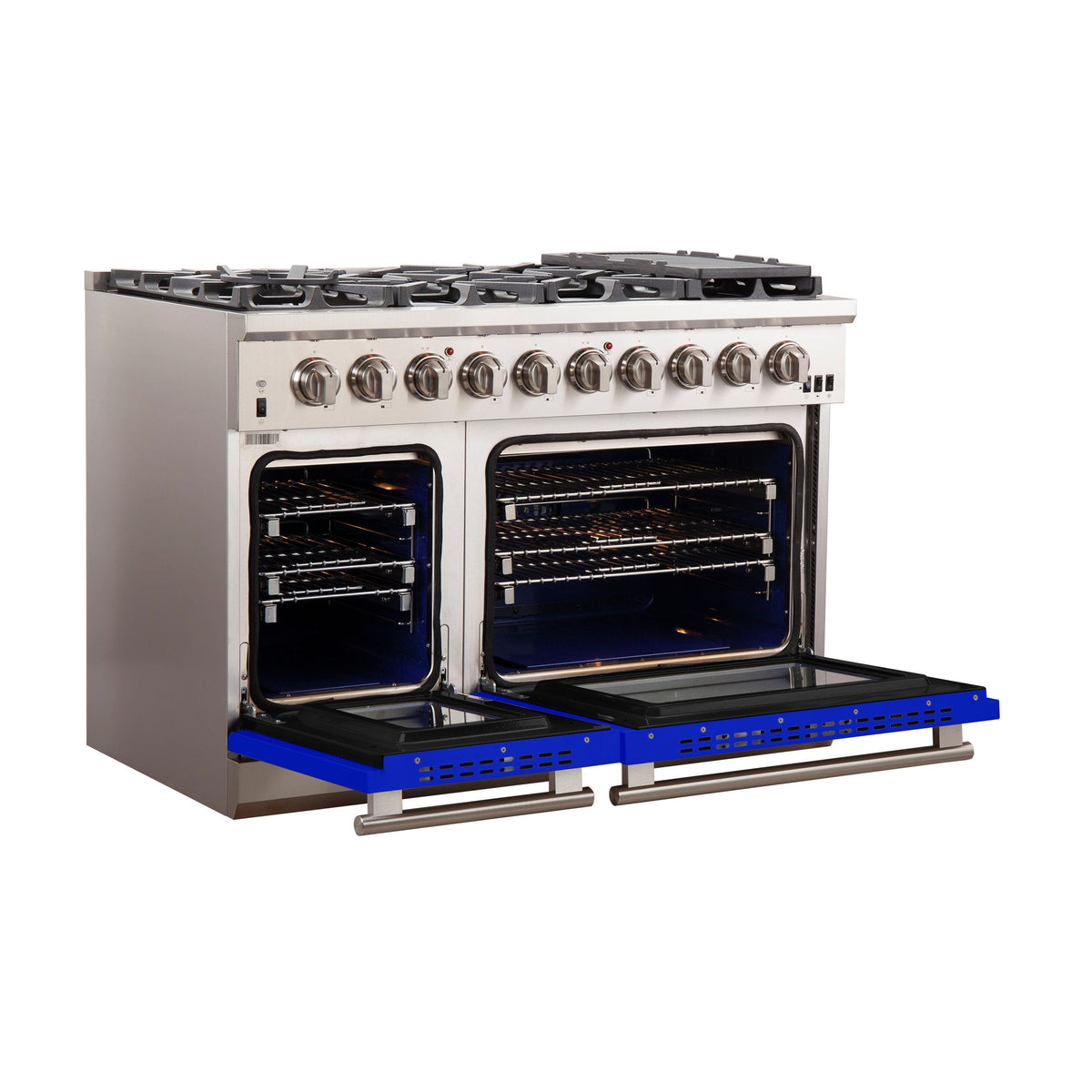 FORNO Capriasca 48-Inch Gas Range, 6.58 cu. ft. Total Oven Capacity, 8 Sealed Brass Burners, Blue Finish – Model FFSGS6260-48BLU