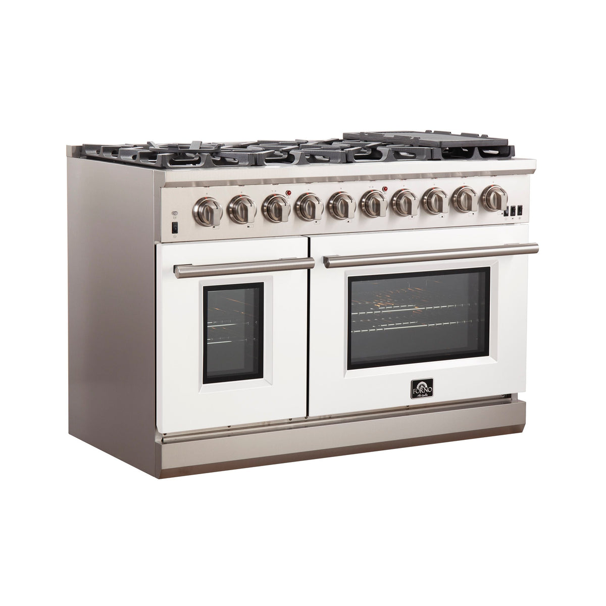FORNO Capriasca 48-Inch Gas Range, 6.58 cu. ft. Total Oven Capacity, 8 Sealed Brass Burners, White Finish – Model FFSGS6260-48WHT