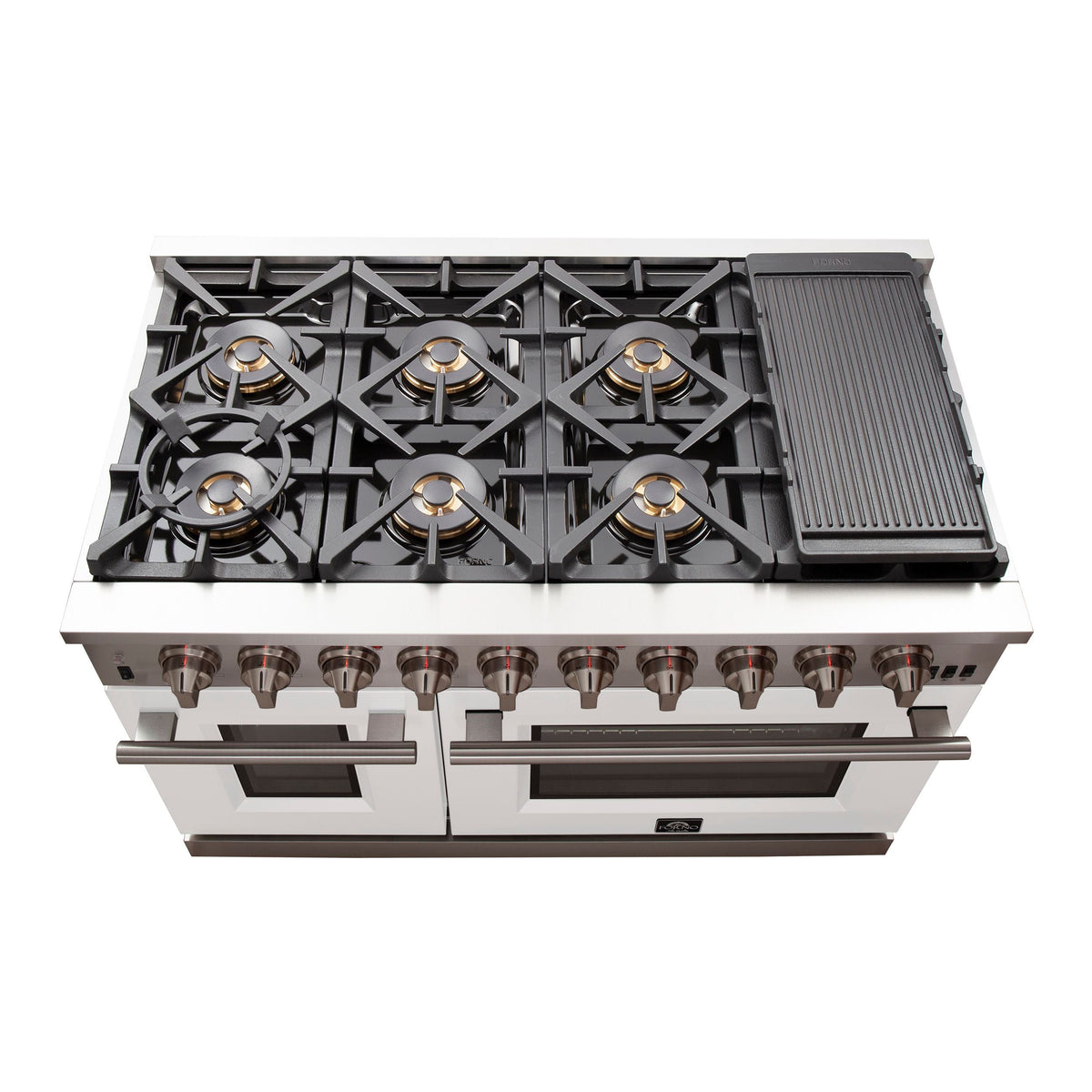 FORNO Capriasca 48-Inch Gas Range, 6.58 cu. ft. Total Oven Capacity, 8 Sealed Brass Burners, White Finish – Model FFSGS6260-48WHT