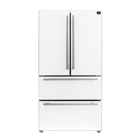 Forno Espresso Moena 36 in Counter-Depth French Door Refrigerator, 19.2 cu ft, White, with Ice Maker and Stainless Steel Handles (FFRBI1820-36WHT)