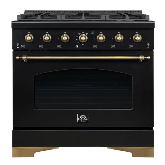 Forno Antico 36-Inch Dual Fuel Range, 4.5 cu. ft., 6 Sealed Burners, Black with Antique Brass Accents (Model FFSGS6113-36BLK)