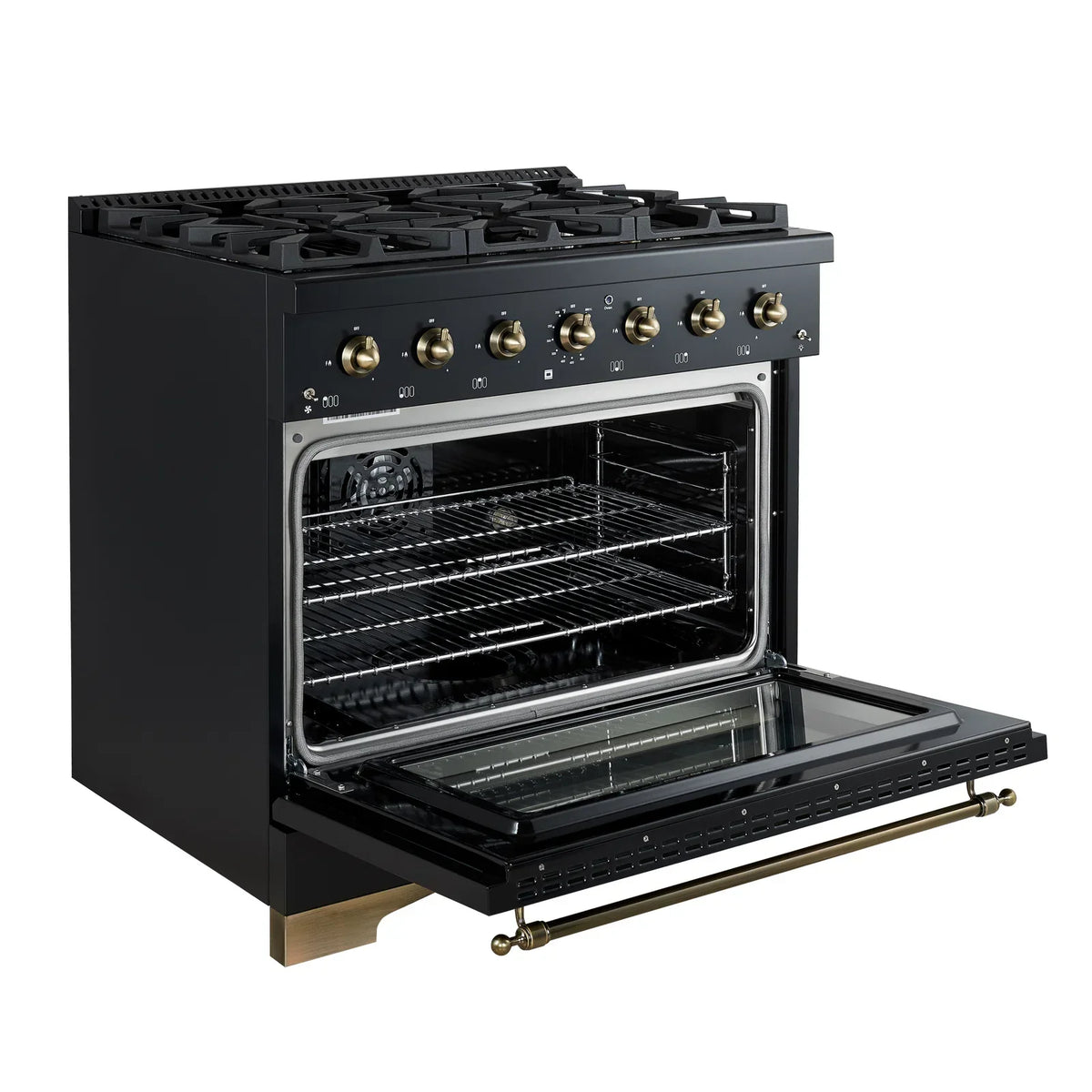 Forno Antico 36-Inch Dual Fuel Range, 4.5 cu. ft., 6 Sealed Burners, Black with Antique Brass Accents (Model FFSGS6113-36BLK)