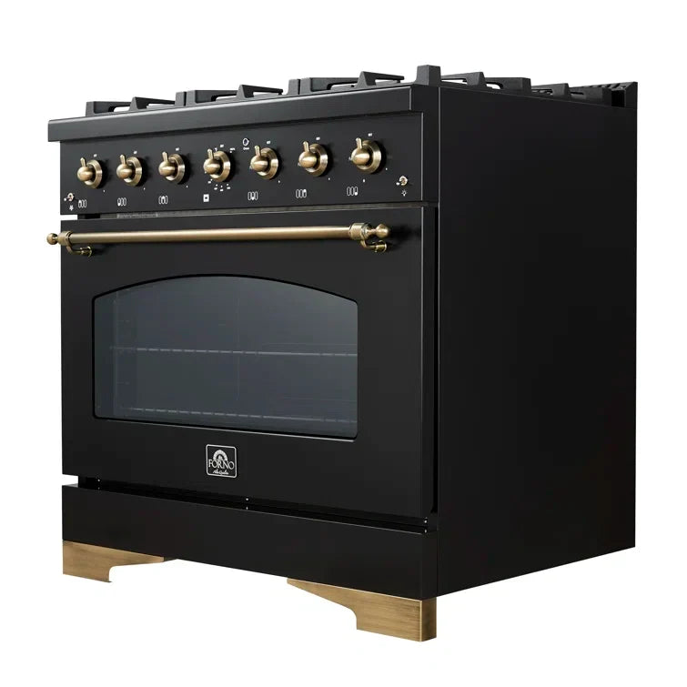 Forno Antico 36-Inch Dual Fuel Range, 4.5 cu. ft., 6 Sealed Burners, Black with Antique Brass Accents (Model FFSGS6113-36BLK)