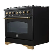 Forno Antico 36-Inch Dual Fuel Range, 4.5 cu. ft., 6 Sealed Burners, Black with Antique Brass Accents (Model FFSGS6113-36BLK)