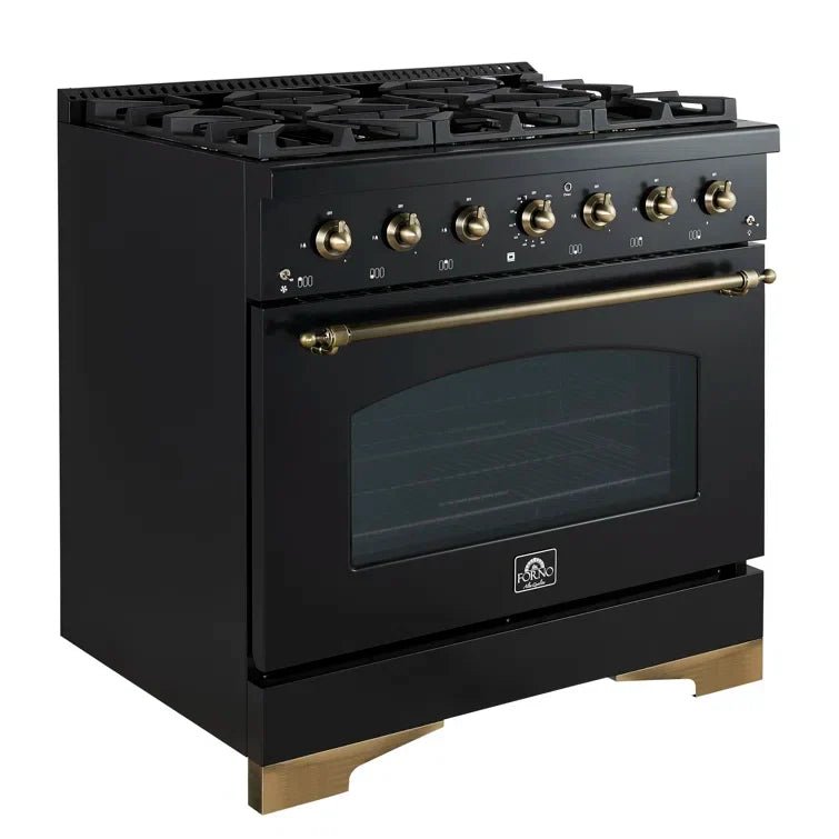 Forno Antico 36-Inch Dual Fuel Range, 4.5 cu. ft., 6 Sealed Burners, Black with Antique Brass Accents (Model FFSGS6113-36BLK)