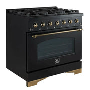 Forno Antico 36-Inch Dual Fuel Range, 4.5 cu. ft., 6 Sealed Burners, Black with Antique Brass Accents (Model FFSGS6113-36BLK)