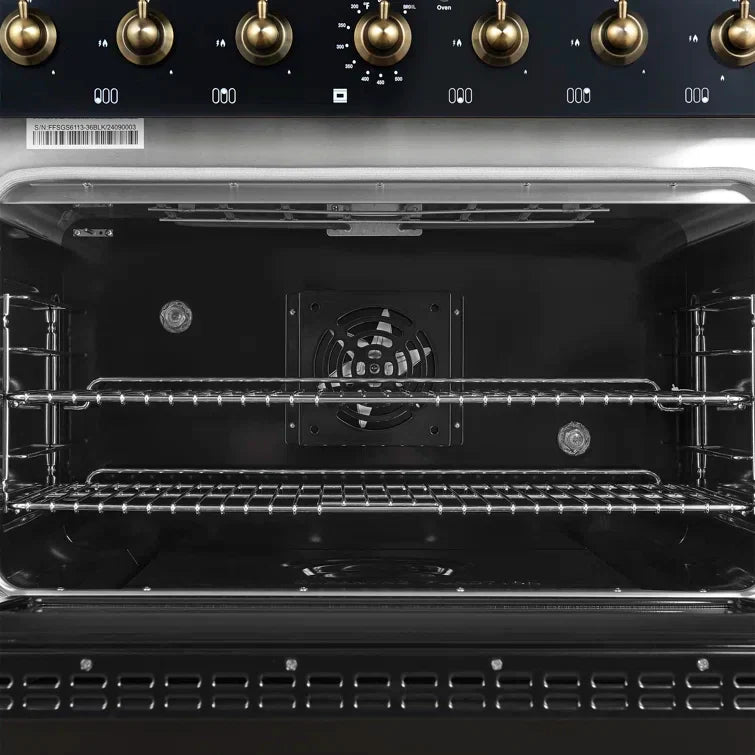 Forno Antico 36-Inch Dual Fuel Range, 4.5 cu. ft., 6 Sealed Burners, Black with Antique Brass Accents (Model FFSGS6113-36BLK)