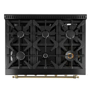 Forno Antico 36-Inch Dual Fuel Range, 4.5 cu. ft., 6 Sealed Burners, Black with Antique Brass Accents (Model FFSGS6113-36BLK)