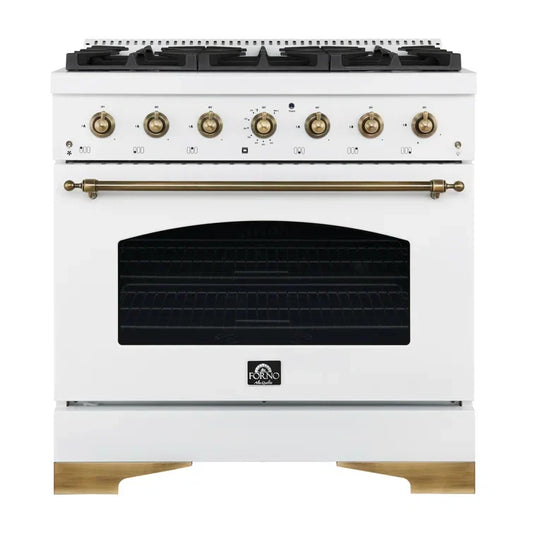 Forno Antico 36 in. Gas Range, 4.5 cu. ft. Oven, 6 Sealed Burners, White with Antique Brass Accents (Model FFSGS6219-36WHT)