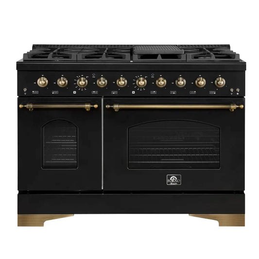 FORNO Antico 48-Inch Dual Fuel Range, 5.5 cu. ft. Oven, 8 Sealed Burners with Griddle, Black with Antique Brass Accents (FFSGS6113-48BLK)
