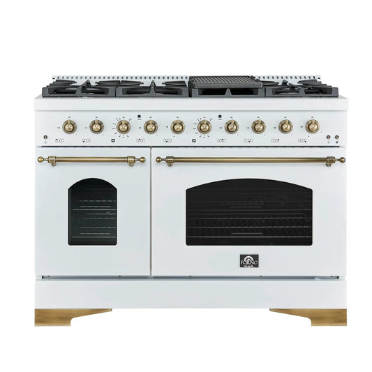 FORNO Antico 48-Inch Freestanding Gas Range, 8 Sealed Burners, Griddle, 5.5 cu. ft. Oven, White with Antique Brass Accents (FFSGS6219-48WHT)
