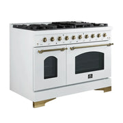 FORNO Antico 48-Inch Freestanding Gas Range, 8 Sealed Burners, Griddle, 5.5 cu. ft. Oven, White with Antique Brass Accents (FFSGS6219-48WHT)