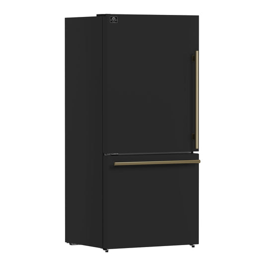 Forno Espresso Milano 31-Inch French Door Refrigerator with Bottom Freezer, 17.2 Cu. Ft., Ice Maker, Black with Antique Brass Handles (Model FFFFD1786-31BLK)