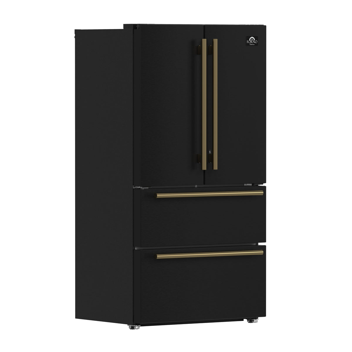 FORNO Moena 36-Inch Counter-Depth Refrigerator, 19.2 cu. ft., with Ice Maker, Black with Antique Brass Handles (FFRBI1820-36BLK)
