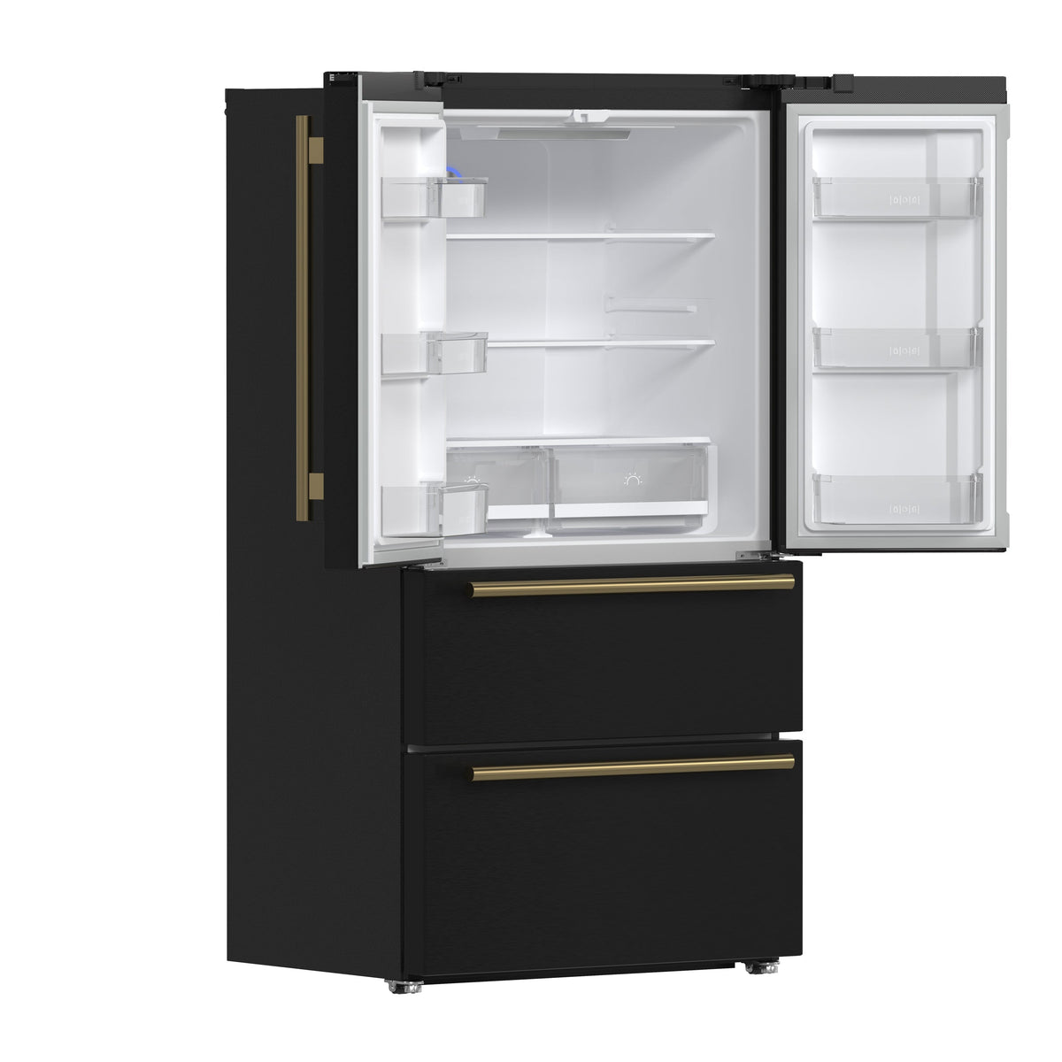 FORNO Moena 36-Inch Counter-Depth Refrigerator, 19.2 cu. ft., with Ice Maker, Black with Antique Brass Handles (FFRBI1820-36BLK)