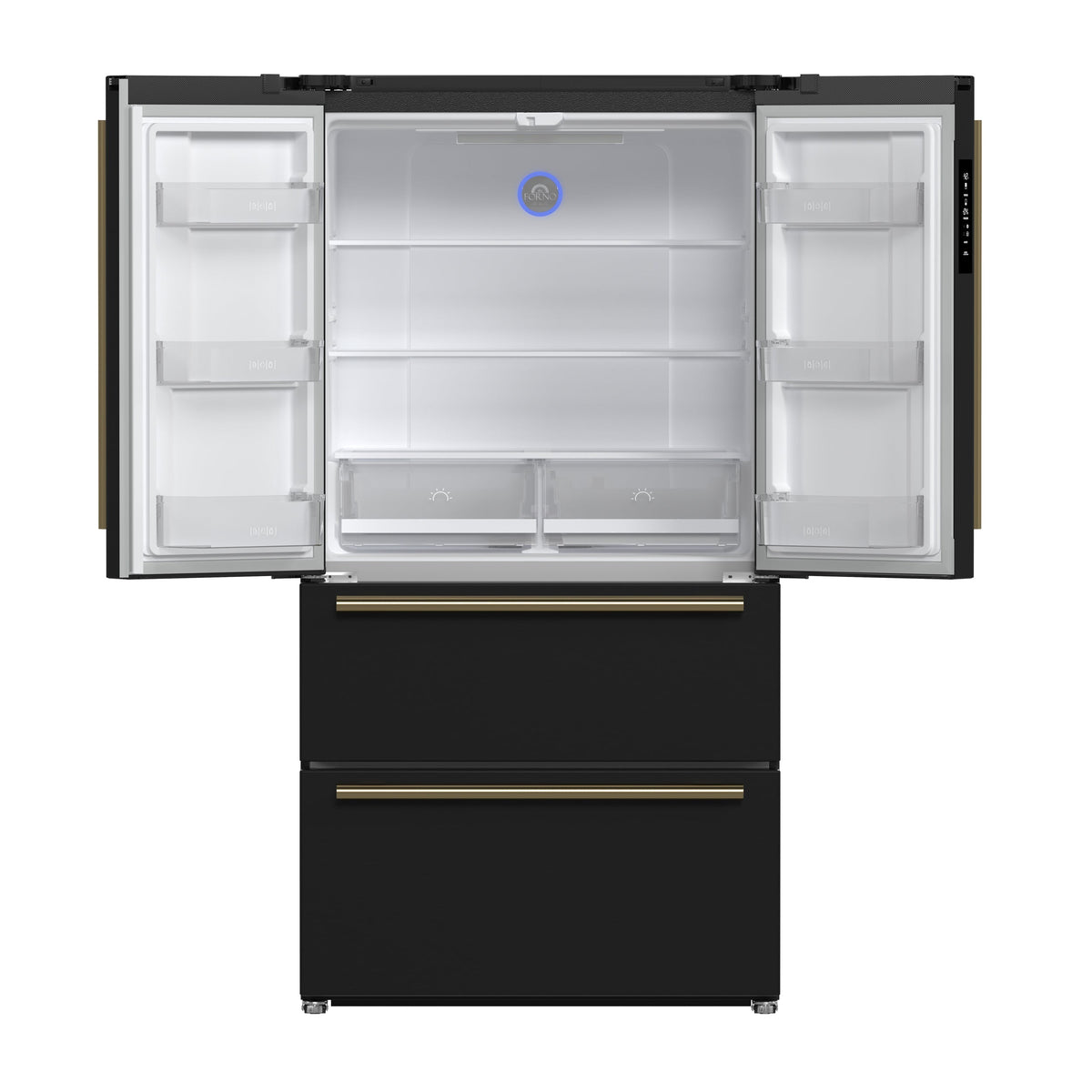 FORNO Moena 36-Inch Counter-Depth Refrigerator, 19.2 cu. ft., with Ice Maker, Black with Antique Brass Handles (FFRBI1820-36BLK)