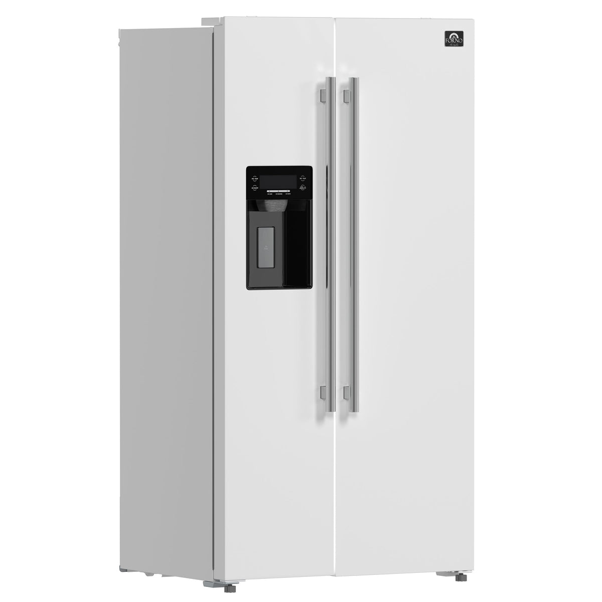 Forno Salerno 36" Side-by-Side Refrigerator, 20 cu. ft., White, External Water & Ice Dispenser, Stainless Steel Handles, FFRBI1844-36WHT