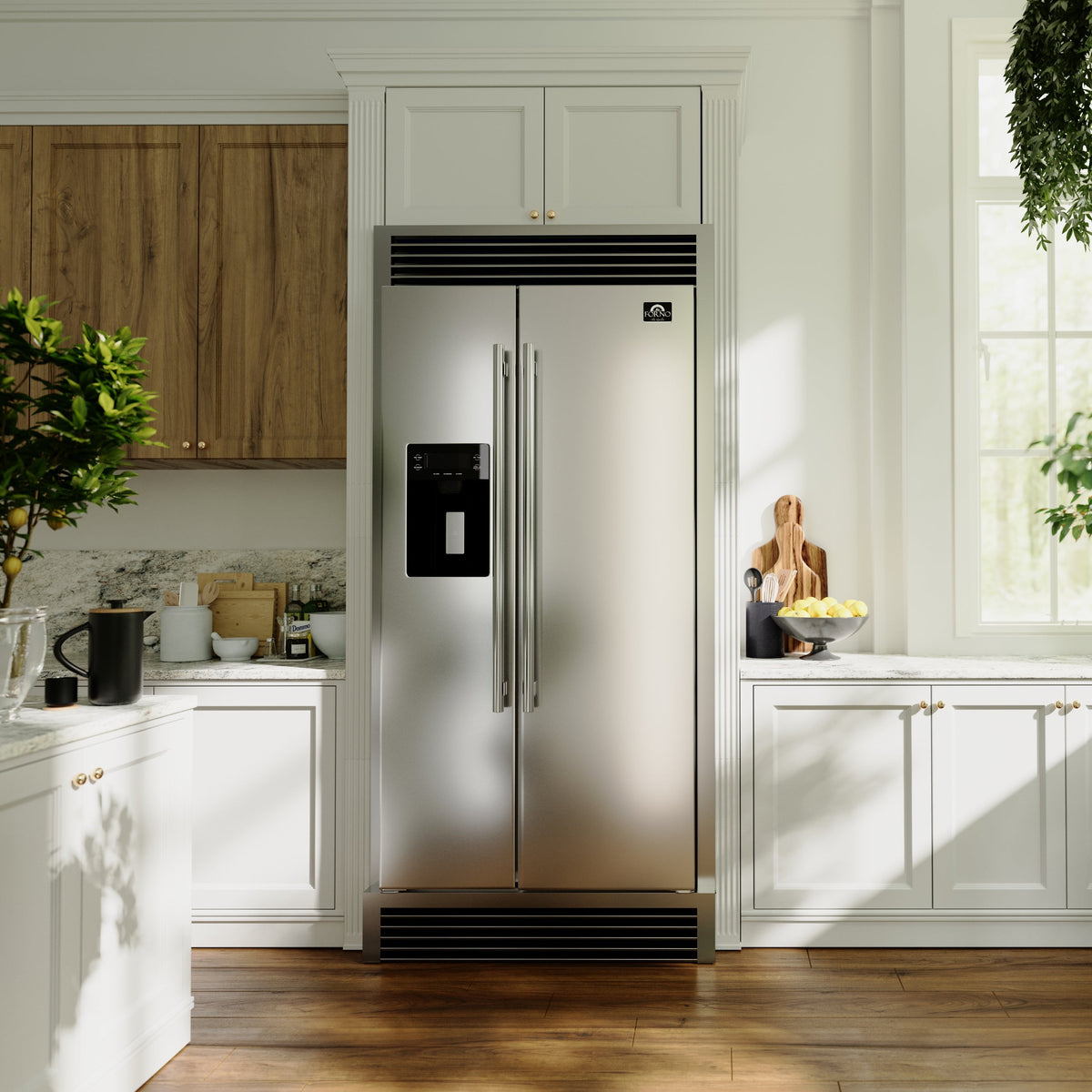 Forno Salerno 40-Inch Built-In Side-by-Side Refrigerator, 20 Cu. Ft., Water & Ice Dispenser, Stainless Steel with Grill Trim Kit (FFRBI1844-40SG)