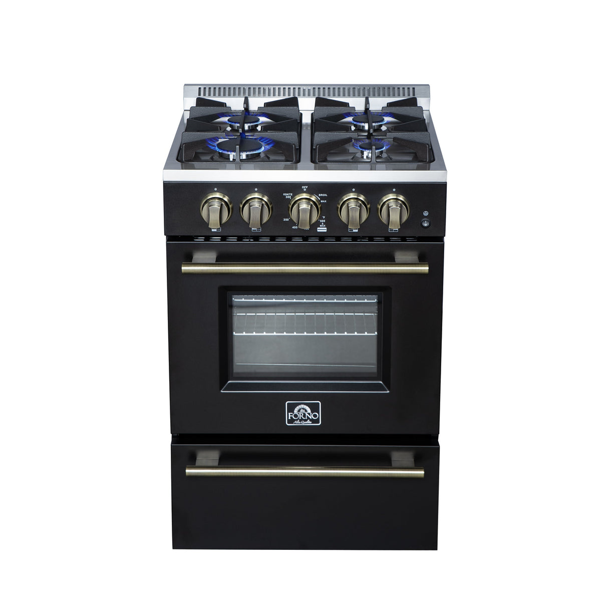 Forno Breno 24-Inch Freestanding Gas Range, 2.3 Cu. Ft. Oven, 4 Sealed Burners, Storage Drawer, Air Fryer Kit, Black with Antique Brass Accents (FFSGS6272-24BLK)