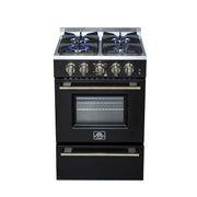 Forno Breno 24-Inch Freestanding Gas Range, 2.3 Cu. Ft. Oven, 4 Sealed Burners, Storage Drawer, Air Fryer Kit, Black with Antique Brass Accents (FFSGS6272-24BLK)