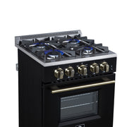 Forno Breno 24-Inch Freestanding Gas Range, 2.3 Cu. Ft. Oven, 4 Sealed Burners, Storage Drawer, Air Fryer Kit, Black with Antique Brass Accents (FFSGS6272-24BLK)
