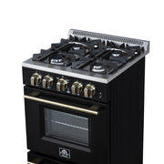 Forno Breno 24-Inch Freestanding Gas Range, 2.3 Cu. Ft. Oven, 4 Sealed Burners, Storage Drawer, Air Fryer Kit, Black with Antique Brass Accents (FFSGS6272-24BLK)