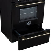 Forno Breno 24-Inch Freestanding Gas Range, 2.3 Cu. Ft. Oven, 4 Sealed Burners, Storage Drawer, Air Fryer Kit, Black with Antique Brass Accents (FFSGS6272-24BLK)