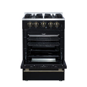 Forno Breno 24-Inch Freestanding Gas Range, 2.3 Cu. Ft. Oven, 4 Sealed Burners, Storage Drawer, Air Fryer Kit, Black with Antique Brass Accents (FFSGS6272-24BLK)