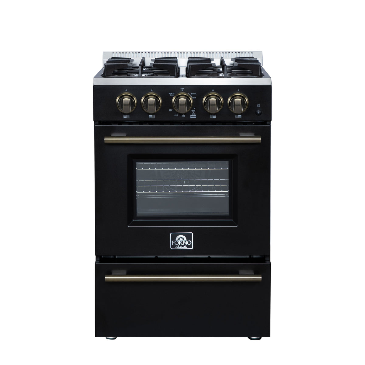Forno Breno 24-Inch Freestanding Gas Range, 2.3 Cu. Ft. Oven, 4 Sealed Burners, Storage Drawer, Air Fryer Kit, Black with Antique Brass Accents (FFSGS6272-24BLK)