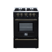 Forno Breno 24-Inch Freestanding Gas Range, 2.3 Cu. Ft. Oven, 4 Sealed Burners, Storage Drawer, Air Fryer Kit, Black with Antique Brass Accents (FFSGS6272-24BLK)