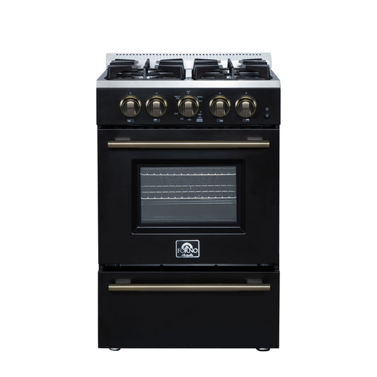 Forno Breno 24-Inch Freestanding Gas Range, 2.3 Cu. Ft. Oven, 4 Sealed Burners, Storage Drawer, Air Fryer Kit, Black with Antique Brass Accents (FFSGS6272-24BLK)