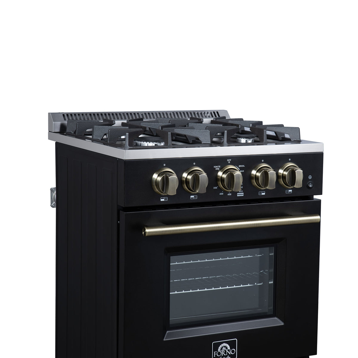 Forno Breno 24-Inch Freestanding Gas Range, 2.3 Cu. Ft. Oven, 4 Sealed Burners, Storage Drawer, Air Fryer Kit, Black with Antique Brass Accents (FFSGS6272-24BLK)