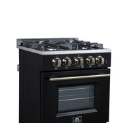 Forno Breno 24-Inch Freestanding Gas Range, 2.3 Cu. Ft. Oven, 4 Sealed Burners, Storage Drawer, Air Fryer Kit, Black with Antique Brass Accents (FFSGS6272-24BLK)
