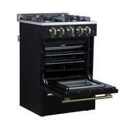 Forno Breno 24-Inch Freestanding Gas Range, 2.3 Cu. Ft. Oven, 4 Sealed Burners, Storage Drawer, Air Fryer Kit, Black with Antique Brass Accents (FFSGS6272-24BLK)