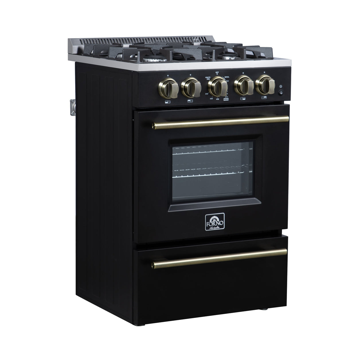 Forno Breno 24-Inch Freestanding Gas Range, 2.3 Cu. Ft. Oven, 4 Sealed Burners, Storage Drawer, Air Fryer Kit, Black with Antique Brass Accents (FFSGS6272-24BLK)