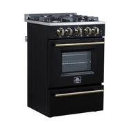 Forno Breno 24-Inch Freestanding Gas Range, 2.3 Cu. Ft. Oven, 4 Sealed Burners, Storage Drawer, Air Fryer Kit, Black with Antique Brass Accents (FFSGS6272-24BLK)