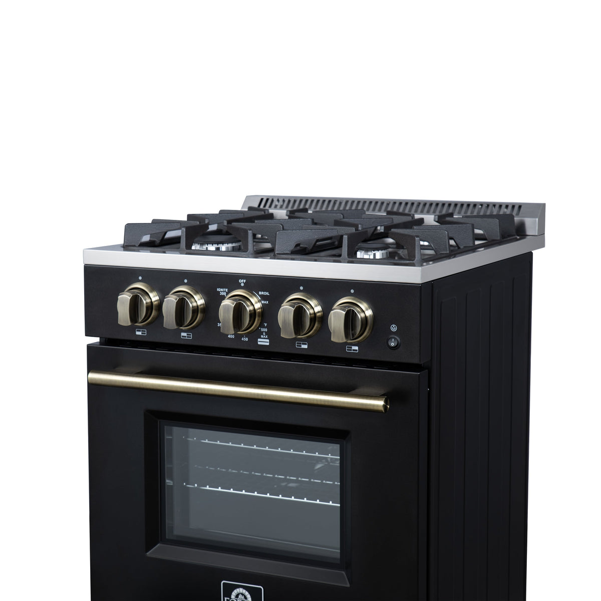 Forno Breno 24-Inch Freestanding Gas Range, 2.3 Cu. Ft. Oven, 4 Sealed Burners, Storage Drawer, Air Fryer Kit, Black with Antique Brass Accents (FFSGS6272-24BLK)