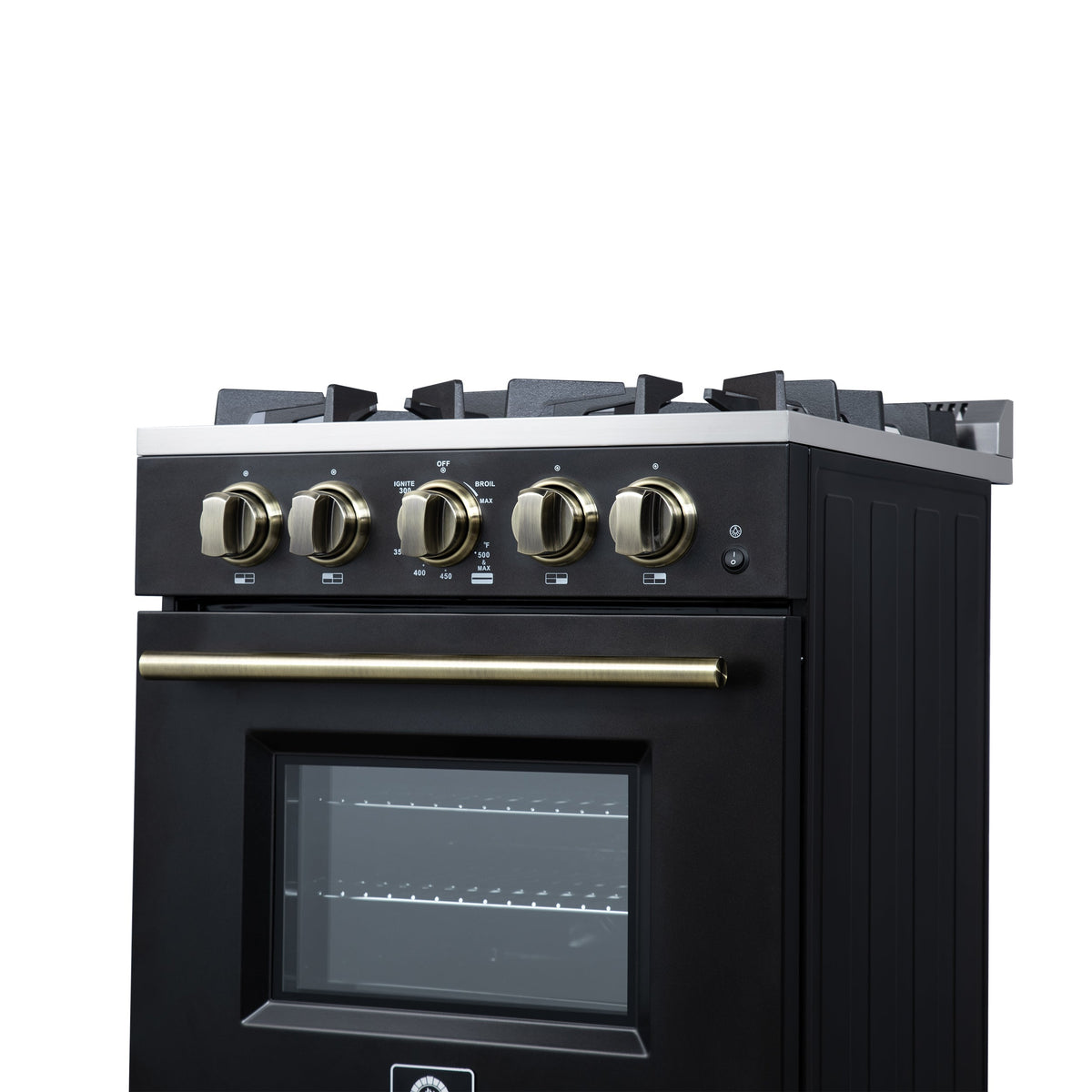 Forno Breno 24-Inch Freestanding Gas Range, 2.3 Cu. Ft. Oven, 4 Sealed Burners, Storage Drawer, Air Fryer Kit, Black with Antique Brass Accents (FFSGS6272-24BLK)