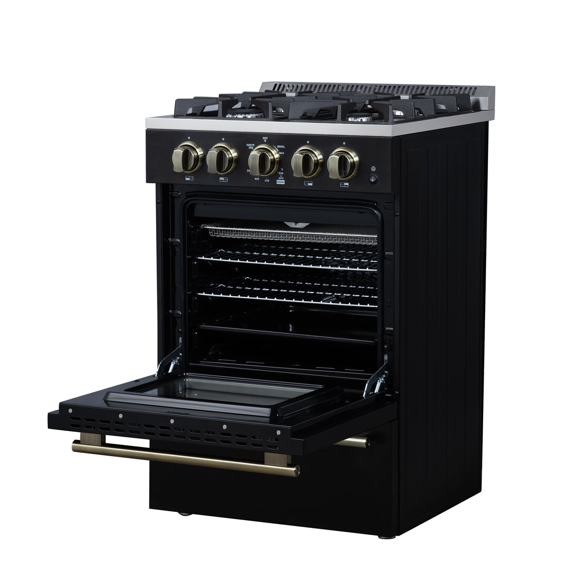 Forno Breno 24-Inch Freestanding Gas Range, 2.3 Cu. Ft. Oven, 4 Sealed Burners, Storage Drawer, Air Fryer Kit, Black with Antique Brass Accents (FFSGS6272-24BLK)