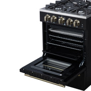 Forno Breno 24-Inch Freestanding Gas Range, 2.3 Cu. Ft. Oven, 4 Sealed Burners, Storage Drawer, Air Fryer Kit, Black with Antique Brass Accents (FFSGS6272-24BLK)